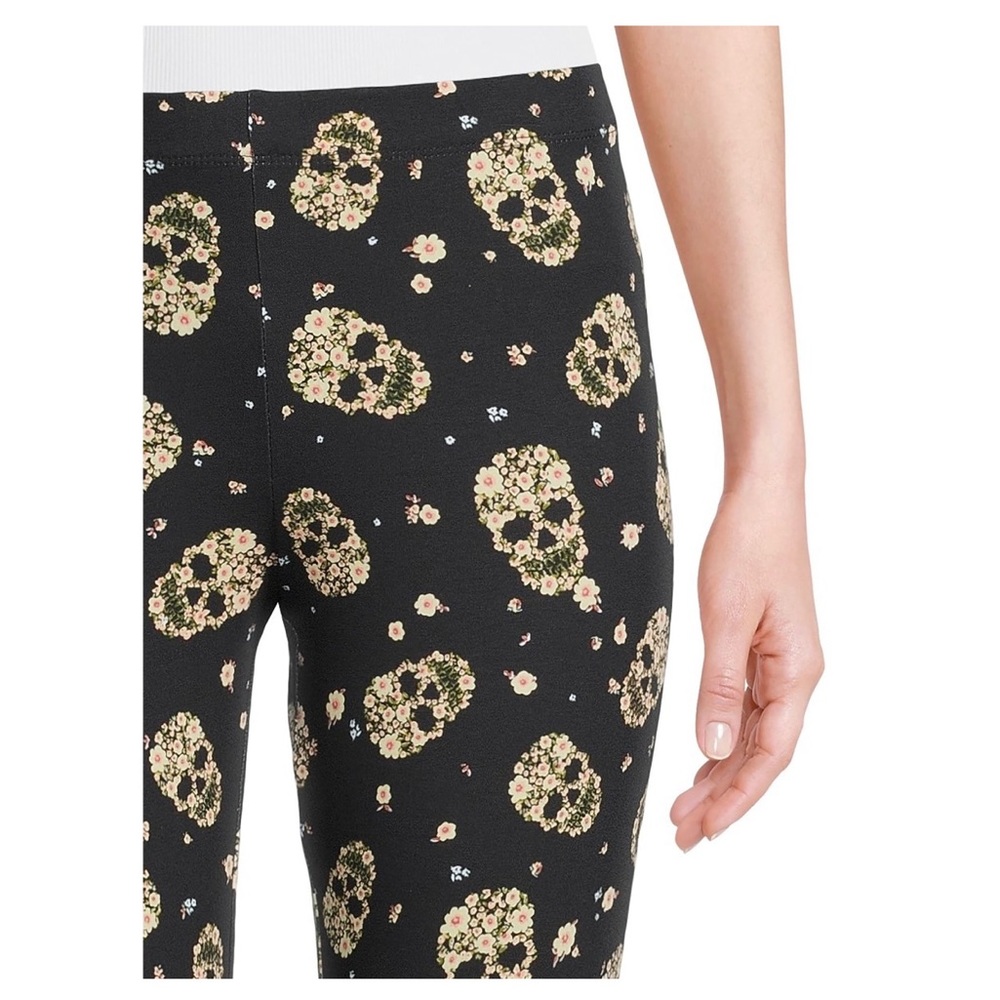 Skull Ankle Black Cotton Leggings Size S (3-5) Skeleton Head Yellow Floral